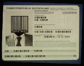 A passport image of man with a barcode in place of his head